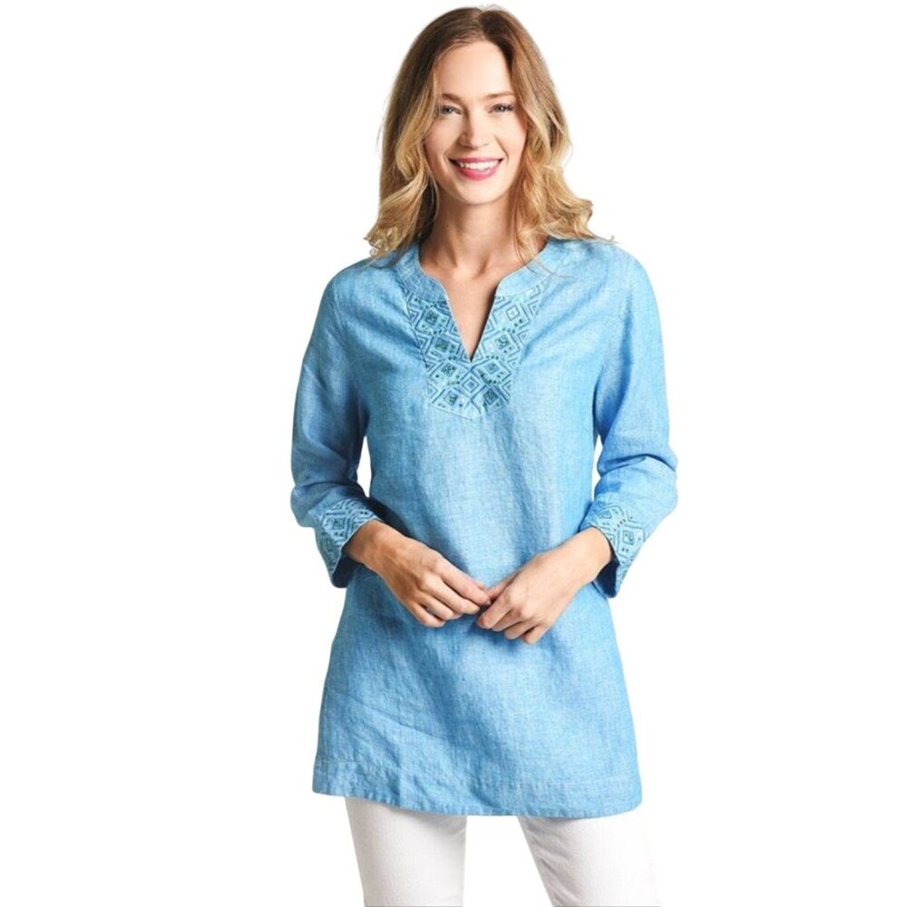 Tommy Bahama Womens Linen Tunic Top XS Chambray‎ Embellished Coastal Long